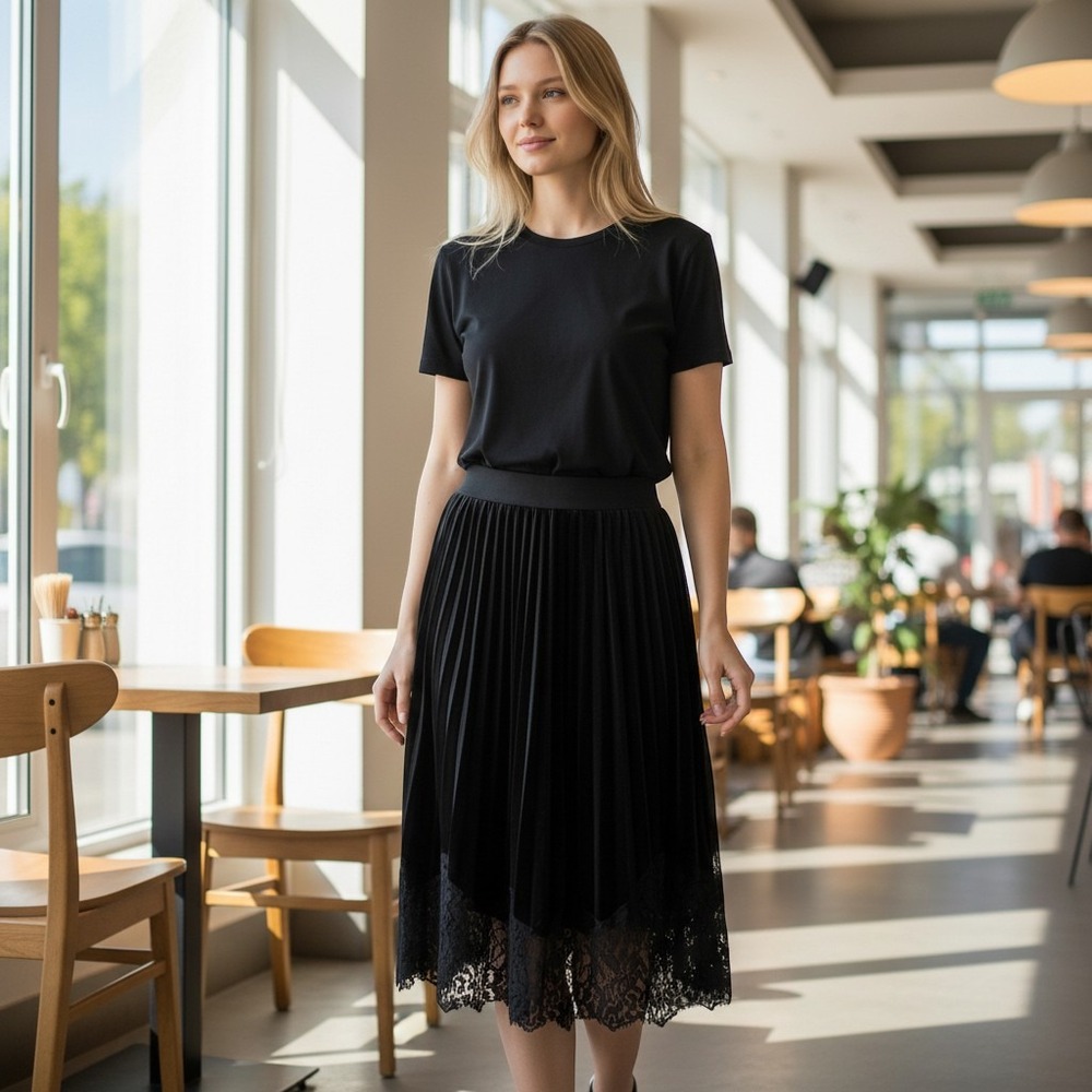 Soprano Pleated Velvet Skirt Women Small Black Lace Trim Midi Elastic Waist